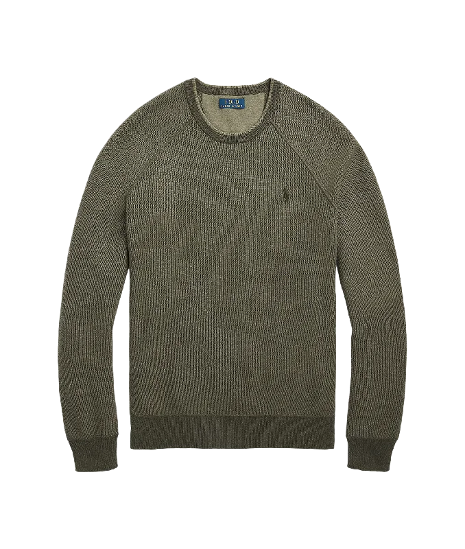 Textured Cotton Crewneck Sweater - Green Ribbed Striped Patterned