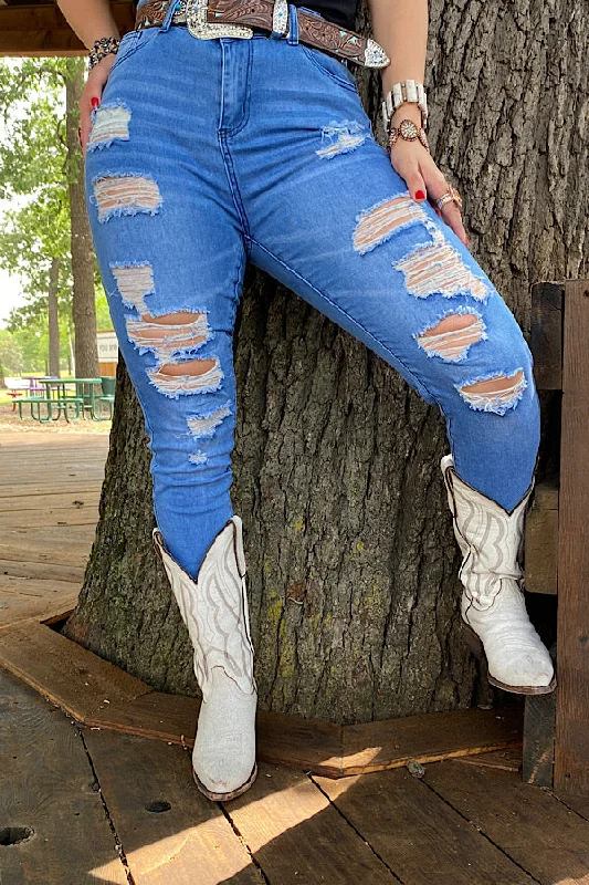 J521 Blue denim distressed women skinny jeans Comfortable Straight-Legged Denim