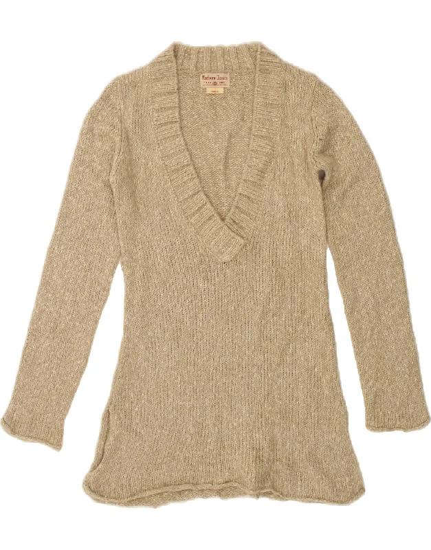 MARLBORO CLASSICS Womens Longline V-Neck Jumper Sweater UK 10 Small Beige Thin Thick Dense