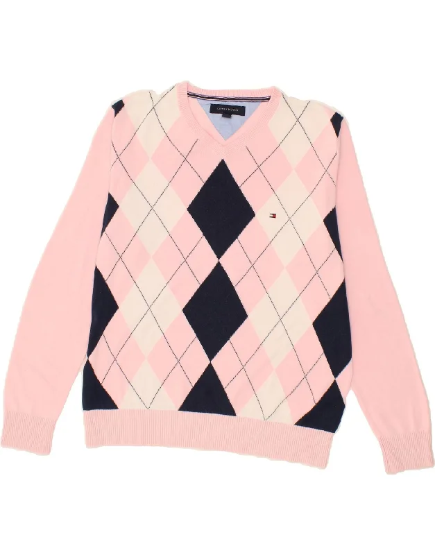 TOMMY HILFIGER Mens V-Neck Jumper Sweater Medium Pink Argyle/Diamond Terry Terry Cloth Terry Knit