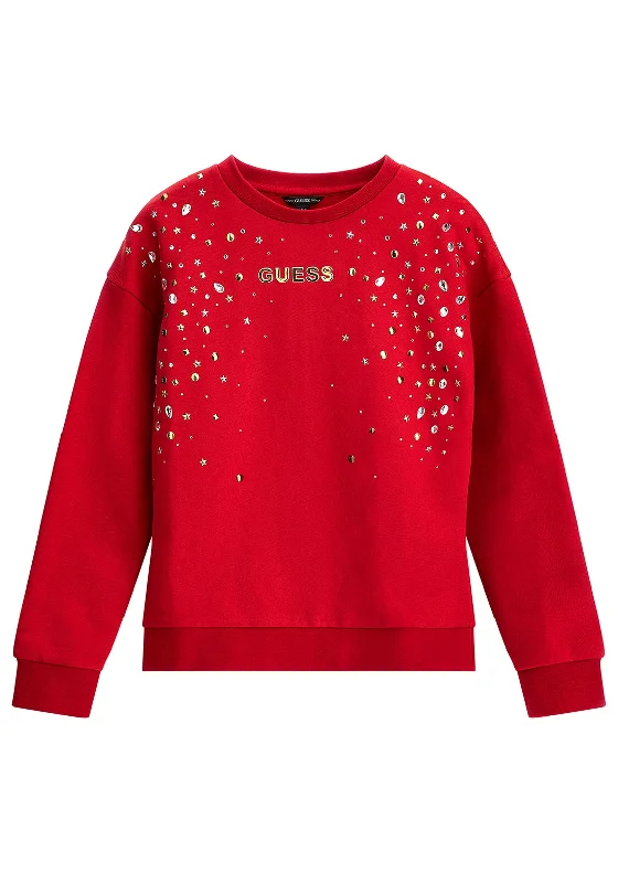 Guess Girls Embellished Long Sleeve Sweater, Red Real Fur Shearling Chenille