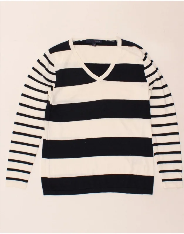 TOMMY HILFIGER Womens V-Neck Jumper Sweater UK 12 Medium White Striped Zippered Front Buttoned Front Snap Front TOMMY HILFIGER Womens V-Neck Jumper Sweater UK 12 Medium White Striped Zippered Front Buttoned Front Snap Front