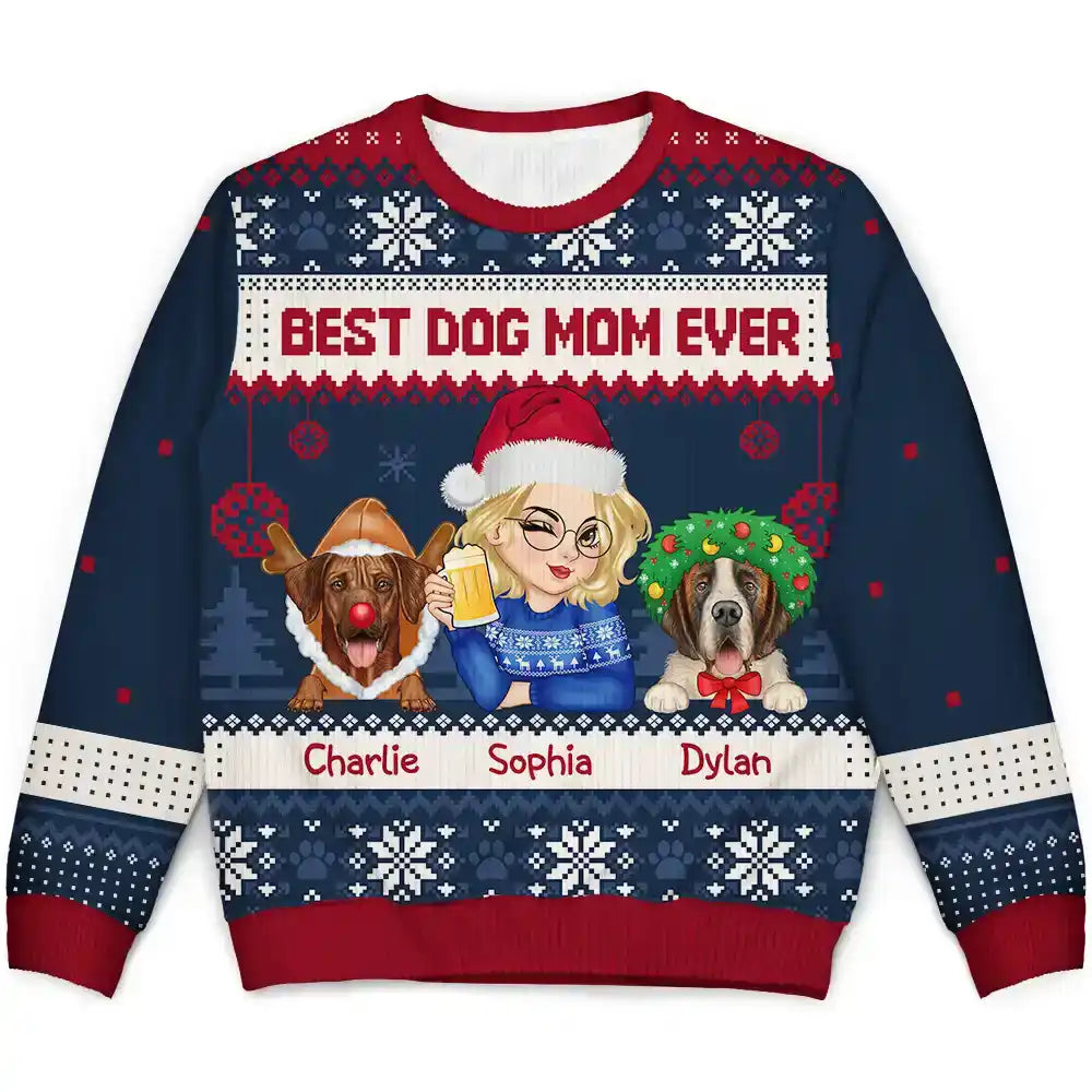 Christmas Best Dog Mom Ever - Personalized Unisex Ugly Sweater Mesh Blend Leather Blend Suede Blend