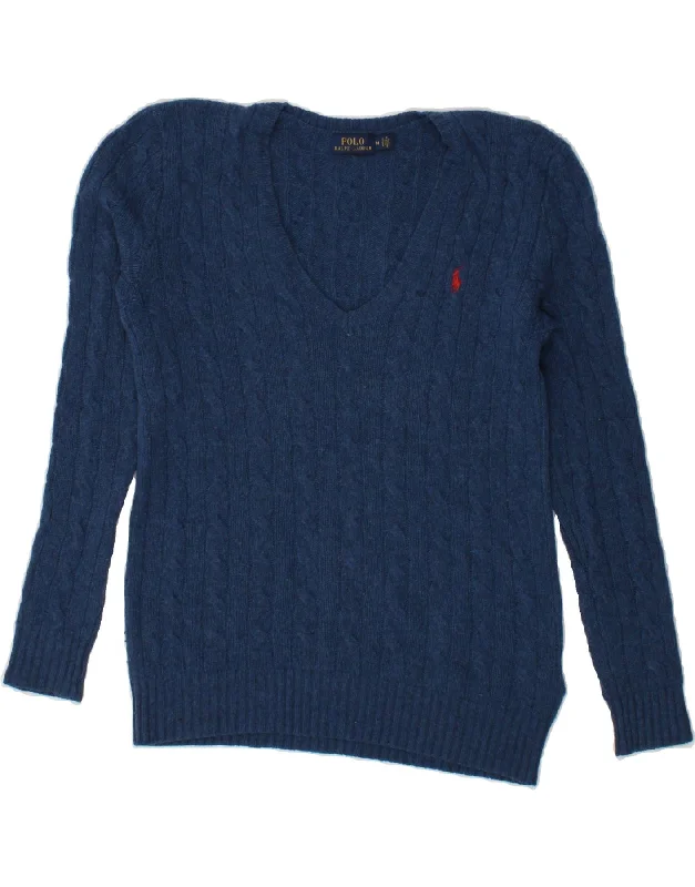 POLO RALPH LAUREN Womens V-Neck Jumper Sweater UK 14 Medium Navy Blue Wool Velvet Chenille Corduroy