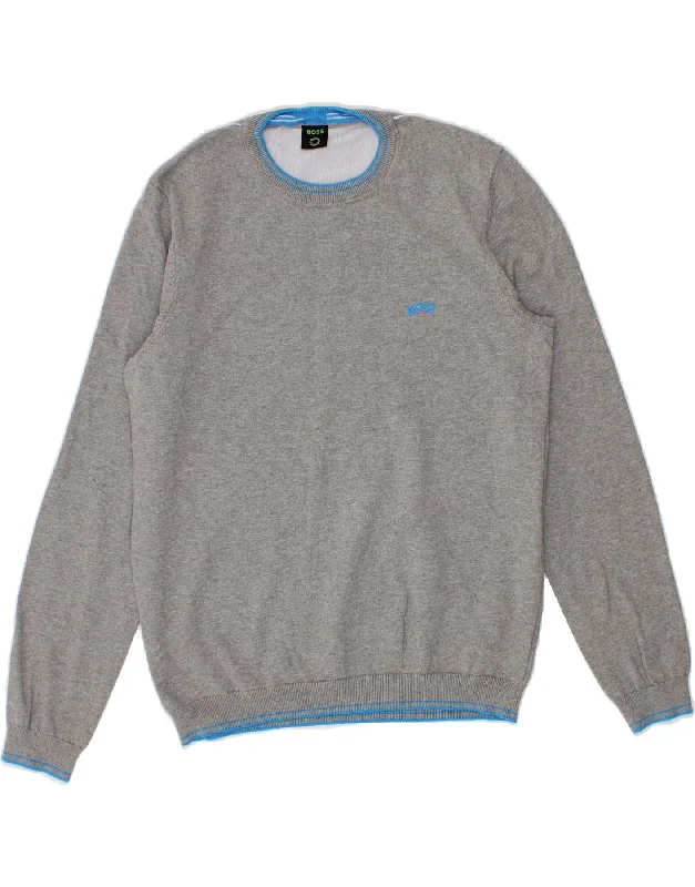 HUGO BOSS Mens Crew Neck Jumper Sweater Medium Grey Cotton Silk Blend Satin Velvet