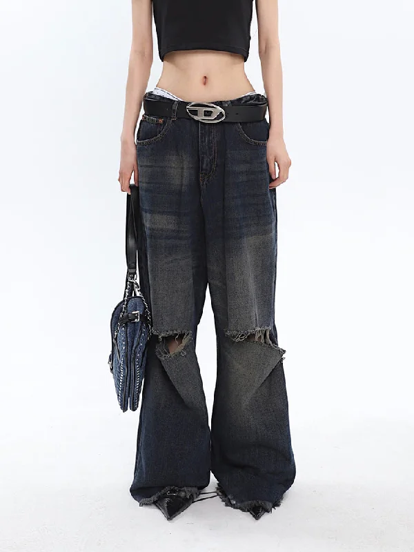 Louise Vintage Wash Denim Ripped Raw Edge Loose Straight Leg Baggy Jeans Pants Cozy Relaxed Fit Jeans Louise Vintage Wash Denim Ripped Raw Edge Loose Straight Leg Baggy Jeans Pants Cozy Relaxed Fit Jeans