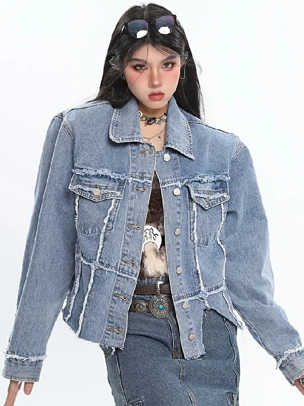 Chrissy Distressed Patchwork Denim Blue Shoulder Padded Button Up Jeans Jacke Stylish Tapered Fit Jeans Chrissy Distressed Patchwork Denim Blue Shoulder Padded Button Up Jeans Jacke Stylish Tapered Fit Jeans