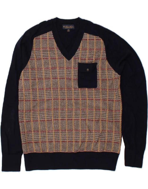 BROOKS BROTHERS Mens V-Neck Jumper Sweater Medium Navy Blue Check Tailored Straight A-Line