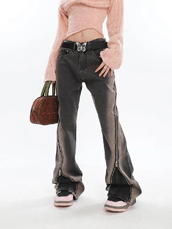 Selah Washed Gradient Long Multi-Zipper Denim Jeans Pants Trendy Pleated Waist Jeans Selah Washed Gradient Long Multi-Zipper Denim Jeans Pants Trendy Pleated Waist Jeans