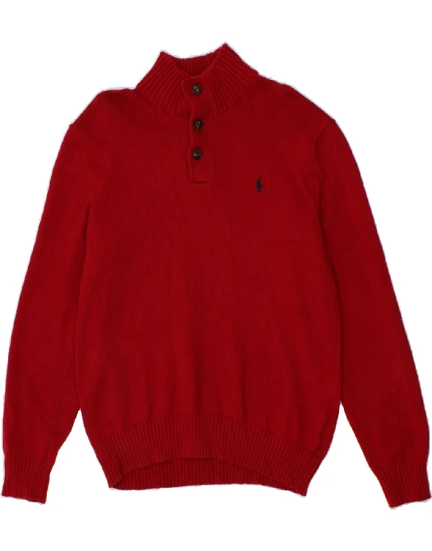 POLO RALPH LAUREN Mens Button Neck Jumper Sweater Large Red Cotton Knit Fabric Woven Fabric Fleece Fabric POLO RALPH LAUREN Mens Button Neck Jumper Sweater Large Red Cotton Knit Fabric Woven Fabric Fleece Fabric