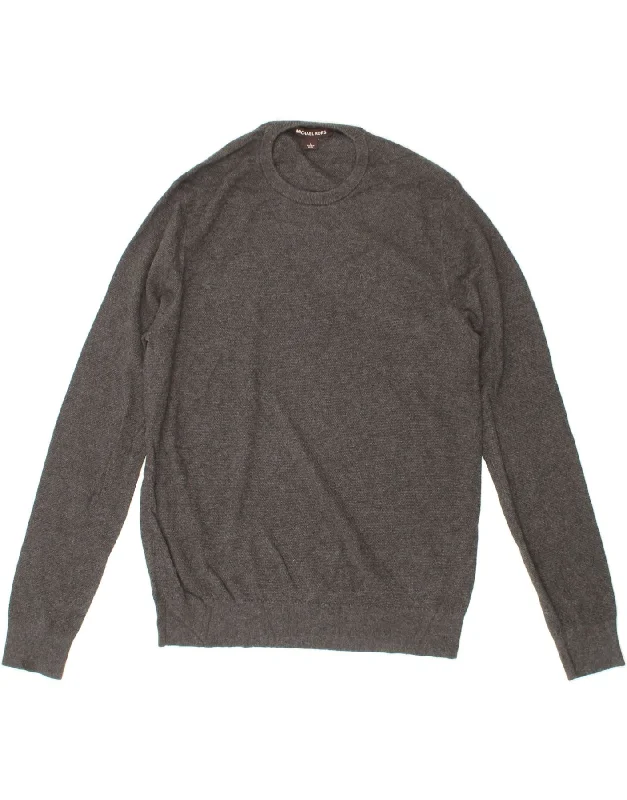 MICHAEL KORS Mens Crew Neck Jumper Sweater Large Grey Cotton Ribbed Striped Patterned
