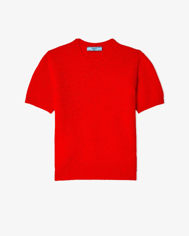 Prada - Women's Short-Sleeved Cashmere Sweater - (Red) Chenille Brocade Lace