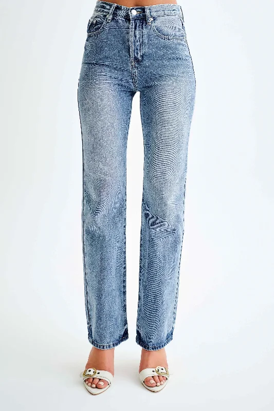 Janine High Waisted Straight Leg Jeans - Washed Mid Blue Trendy Low-Rise Bootcut Jeans