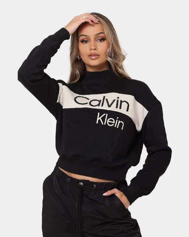 Calvin Klein Women's Colour Blocking Mock Neck Jumper Ck Black Seamless Knitted Crochet