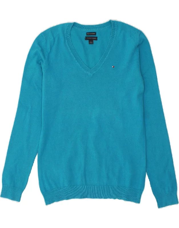TOMMY HILFIGER Womens V-Neck Jumper Sweater UK 12 Medium Blue Cotton Faux Fur Fabric Real Fur Fabric Shearling Fabric
