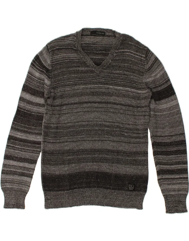 CALVIN KLEIN JEANS Mens V-Neck Jumper Sweater Small Grey Striped Cotton Fitted Slim Tailored