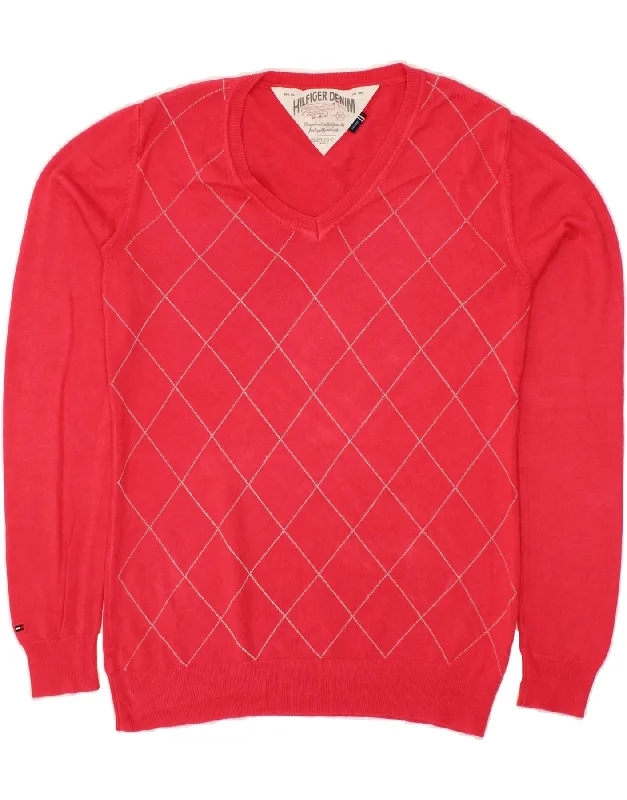 TOMMY HILFIGER Mens V-Neck Jumper Sweater 2XL Pink Argyle/Diamond Viscose Slim Fit Regular Fit Oversized TOMMY HILFIGER Mens V-Neck Jumper Sweater 2XL Pink Argyle/Diamond Viscose Slim Fit Regular Fit Oversized