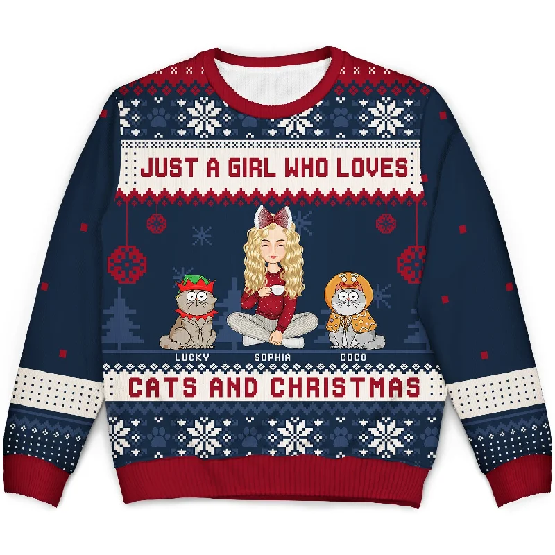 Just A Girl Who Loves Cats And Christmas Cartoon Style - Gift For Cat Moms, Cat Lovers - Personalized Unisex Ugly Sweater Modern Contemporary Chic