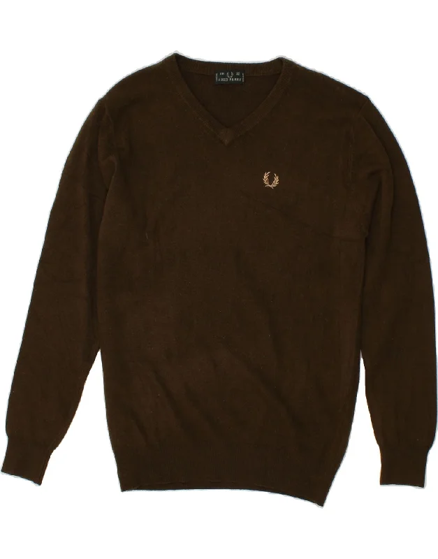 FRED PERRY Mens V-Neck Jumper Sweater XL Brown Wool Transparent Opaque Sheer