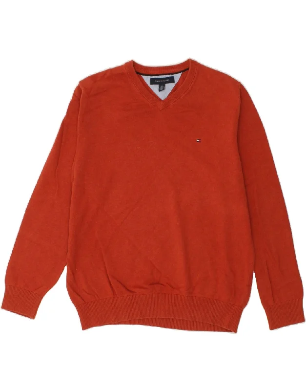 TOMMY HILFIGER Mens V-Neck Jumper Sweater Large Red Cotton Satin Fabric Silk Fabric Chiffon Fabric TOMMY HILFIGER Mens V-Neck Jumper Sweater Large Red Cotton Satin Fabric Silk Fabric Chiffon Fabric