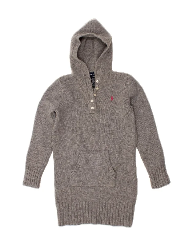 RALPH LAUREN Girls Hooded Jumper Dress 12-13 Years Large  Grey Wool Silk Blend Satin Velvet