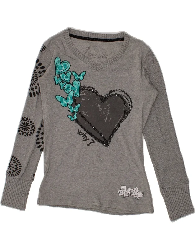 DESIGUAL Womens Graphic V-Neck Jumper Sweater UK 12 Medium Grey Heart Chenille Fabric Brocade Fabric Lace Fabric