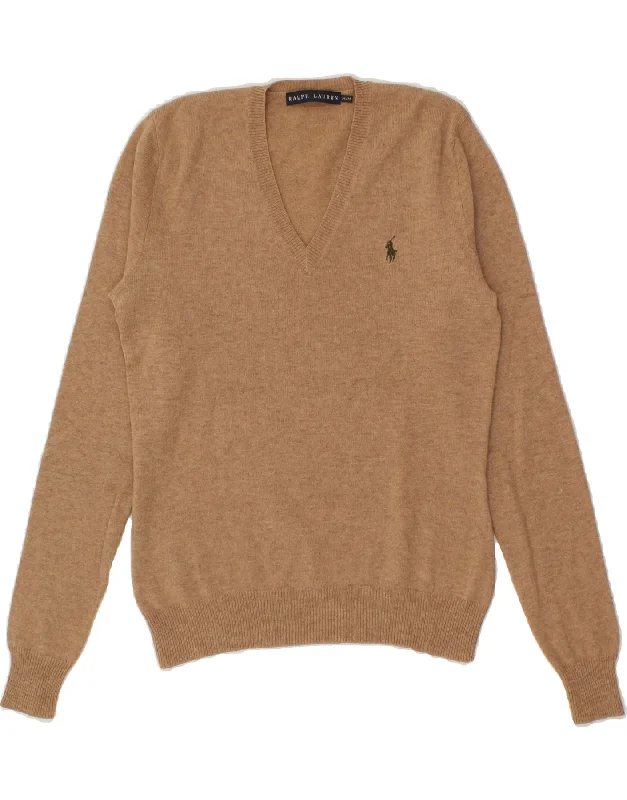 RALPH LAUREN Womens V-Neck Jumper Sweater UK 12 Medium Brown Wool Terry Terry Cloth Terry Knit RALPH LAUREN Womens V-Neck Jumper Sweater UK 12 Medium Brown Wool Terry Terry Cloth Terry Knit