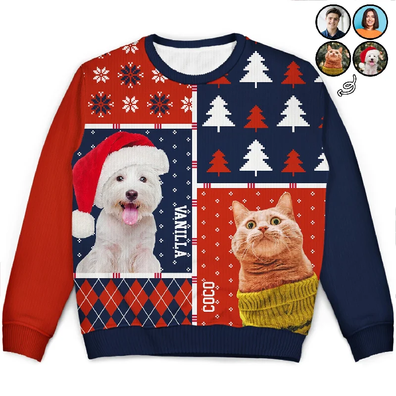 Custom Photo Family Dog Cat - Christmas Gift For Pet Lovers, Men, Women - Personalized Unisex Ugly Sweater Mesh Sweater Canvas Denim