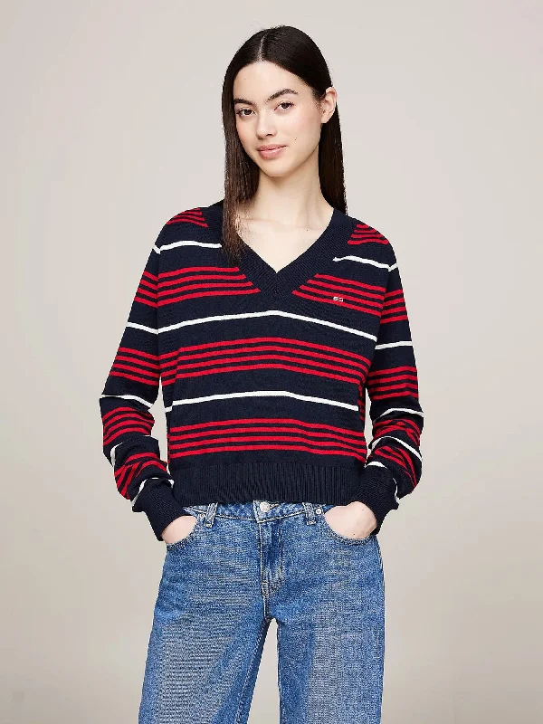 Γυναικεία μπλούζα πλεκτή TJW V-NECK STRIPE SWEATER DW0DW18652C1G | DW0DW18652C1G Nylon Fabric Polyester Fabric Spandex Fabric