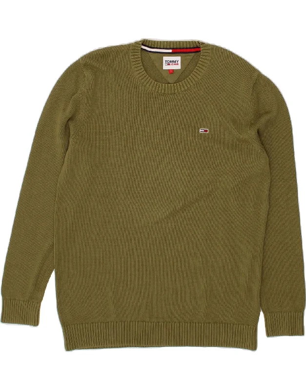 TOMMY HILFIGER Mens Crew Neck Jumper Sweater Large Khaki Cotton Welt Pockets Slit Pockets Flap Pockets TOMMY HILFIGER Mens Crew Neck Jumper Sweater Large Khaki Cotton Welt Pockets Slit Pockets Flap Pockets