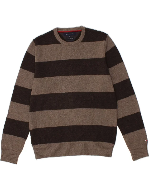 TOMMY HILFIGER Mens Crew Neck Jumper Sweater Large Brown Striped Cotton Silk Blend Satin Velvet TOMMY HILFIGER Mens Crew Neck Jumper Sweater Large Brown Striped Cotton Silk Blend Satin Velvet
