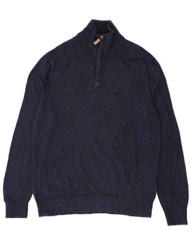 NAUTICA Mens Zip Neck Jumper Sweater Small Navy Blue Cotton Hooded Sweater Collared Sweater Shawl Collar