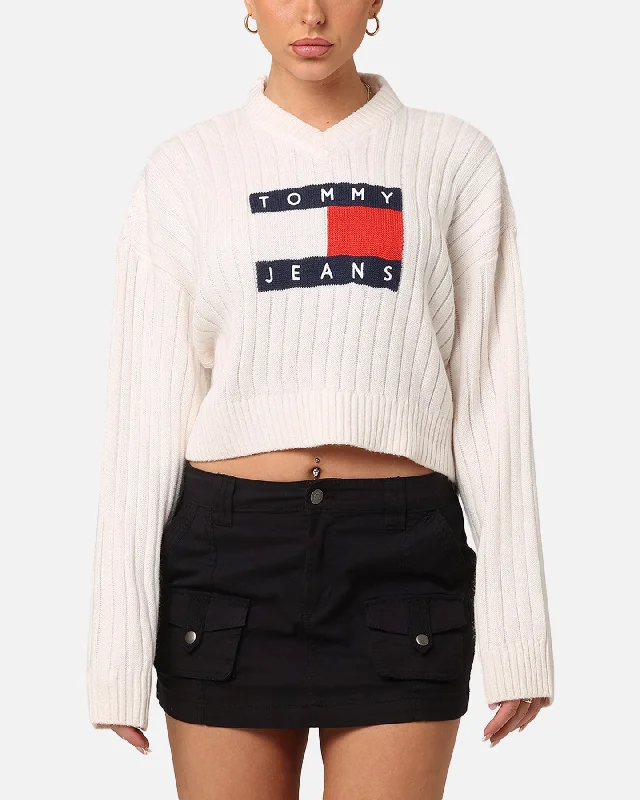 Tommy Jeans Women's TJW V-Neck Center Flag Sweater Ancient White Stretchy Elastic Breathable