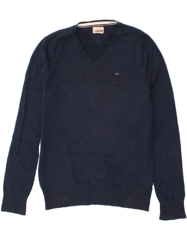 TOMMY HILFIGER Mens V-Neck Jumper Sweater Medium Navy Blue Cotton Solid Print Embellished