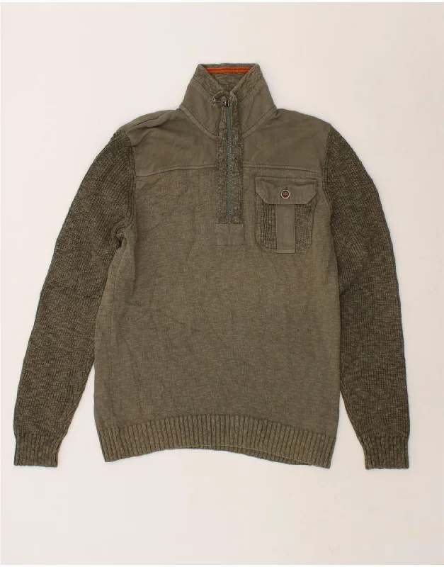 MARLBORO CLASSICS Mens Zip Neck Jumper Sweater Medium Khaki Boat Neck Shawl Collar Notched Collar