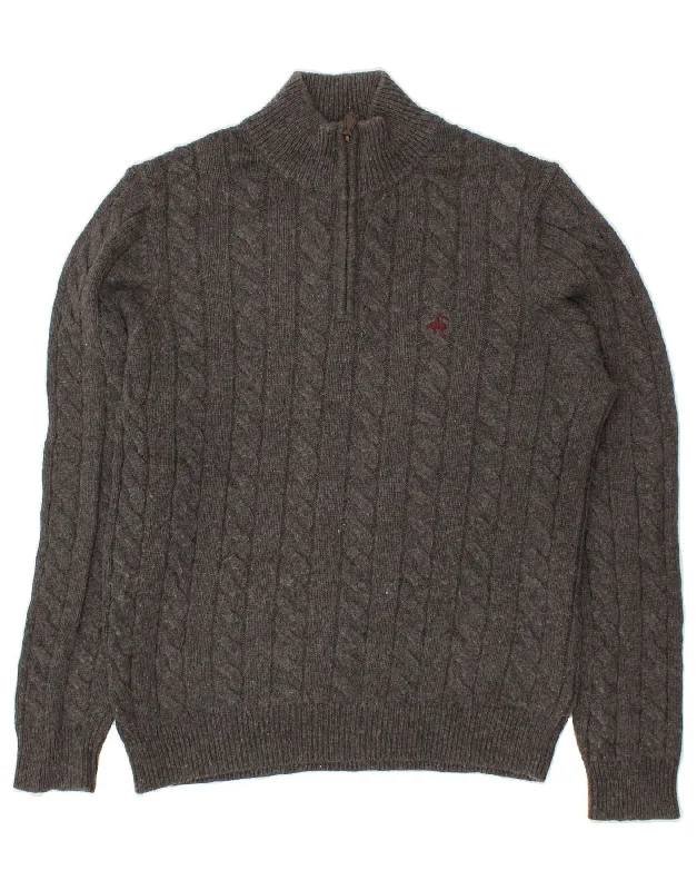 BROOKS BROTHERS Mens 346 Zip Neck Jumper Sweater Medium Grey Cotton Faux Fur Fabric Real Fur Fabric Shearling Fabric