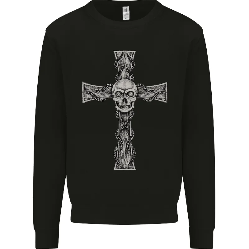 A Gothic Skull and Tentacles on a Cross Mens Sweatshirt Jumper Hoodie with Side Slits Relaxed Casual A Gothic Skull and Tentacles on a Cross Mens Sweatshirt Jumper Hoodie with Side Slits Relaxed Casual