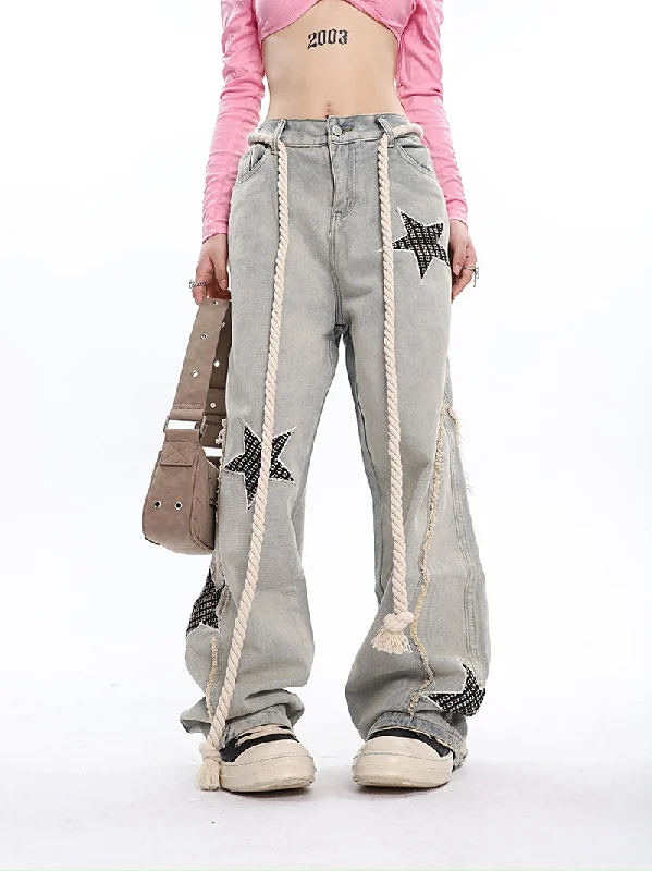 Twinkle Stars Patchwork Denim Long Jeans Pants Casual Wide-Legged Denim Jeans