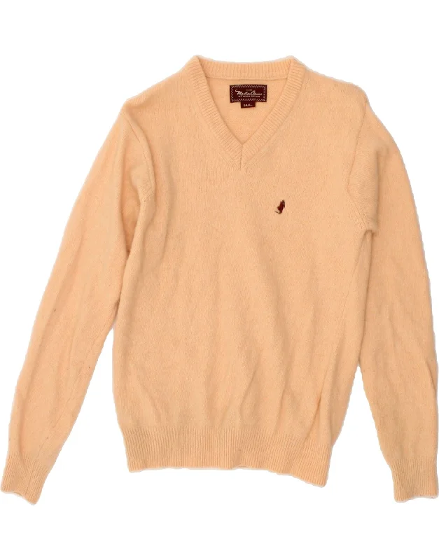 MARLBORO CLASSICS Mens V-Neck Jumper Sweater Small Orange Wool Fitted Loose Oversized