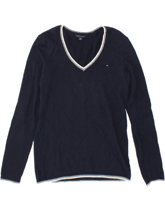 TOMMY HILFIGER Womens V-Neck Jumper Sweater UK 10 Small Navy Blue Cotton Transparent Opaque Sheer TOMMY HILFIGER Womens V-Neck Jumper Sweater UK 10 Small Navy Blue Cotton Transparent Opaque Sheer