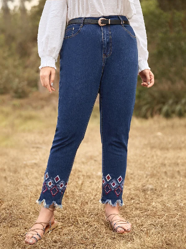 Plus Size Tribal Embroidery Raw Hem Jeans Without Belted Pants Comfortable Dark Wash Jeans