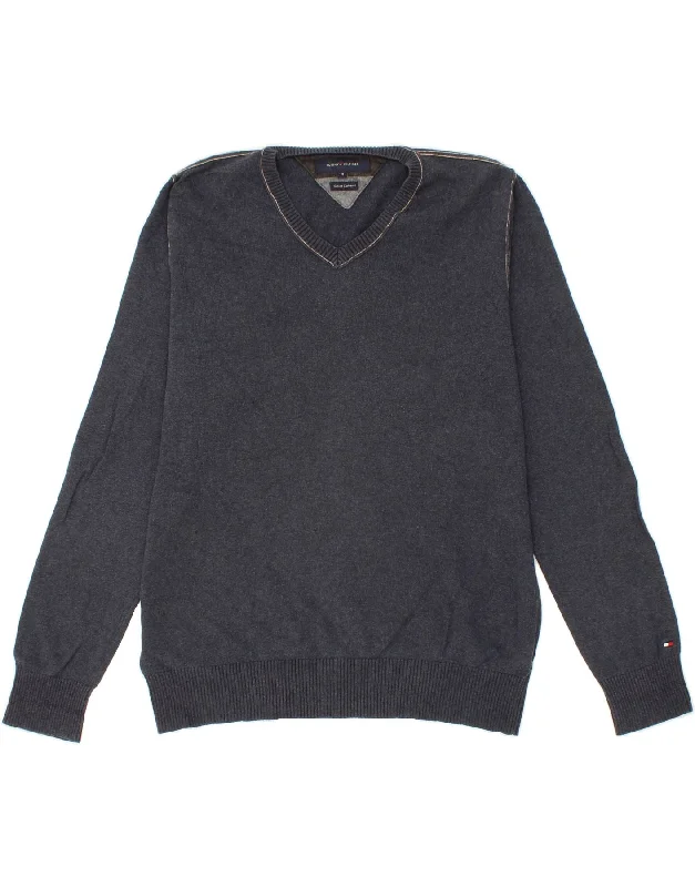 TOMMY HILFIGER Mens V-Neck Jumper Sweater Medium Navy Blue Cotton Oversized Loose Flowy