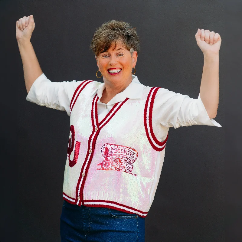 Queen of Sparkles: Licensed White Crimson OU Full Sequin Button Up Sweater Vest Plaid Sweater Polka Dot Checkered