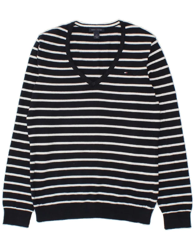 TOMMY HILFIGER Womens V-Neck Jumper Sweater UK 14 Medium Navy Blue Striped Thin Thick Dense TOMMY HILFIGER Womens V-Neck Jumper Sweater UK 14 Medium Navy Blue Striped Thin Thick Dense