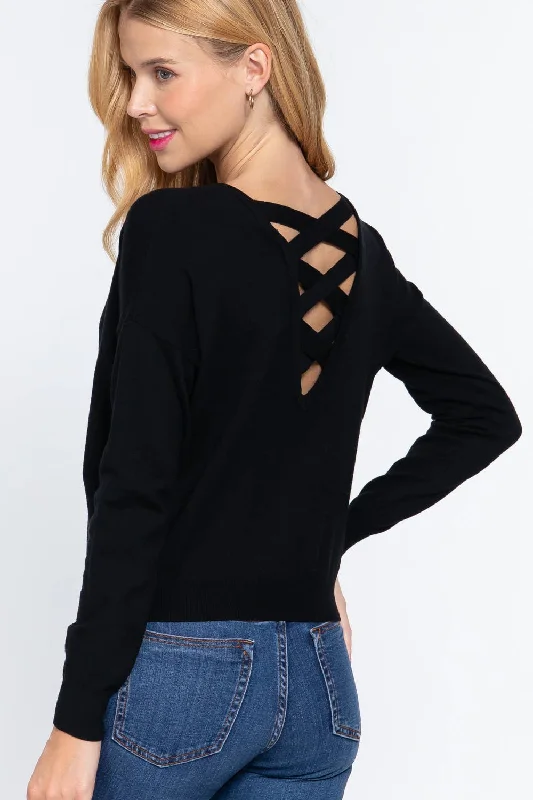 Long Sleeve V-neck Back Cross Strap Sweater Lightweight Heavyweight Midweight