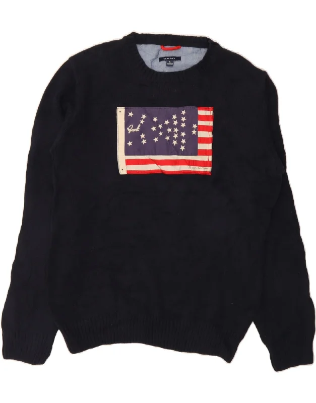 GANT Womens Graphic Crew Neck Jumper Sweater UK 18 XL Navy Blue Cotton Satin Blend Silk Blend Wool Blend