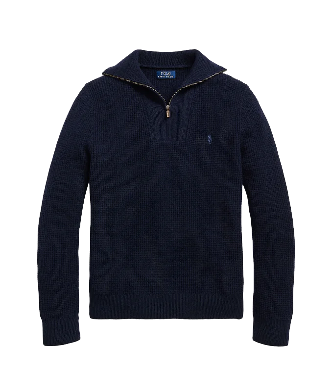 Waffle Wool-cotton Quarter-zip Sweater - Navy Transparent Opaque Sheer