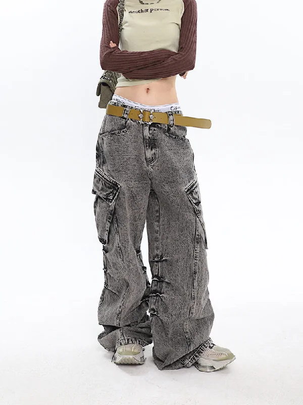 Kristan Washed Distressed Multi-Pocket Cargo Wide Straight Leg Denim Jeans Pants Elegant Wide-Leg Jeans Kristan Washed Distressed Multi-Pocket Cargo Wide Straight Leg Denim Jeans Pants Elegant Wide-Leg Jeans