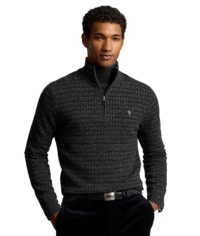 Plaid Wool Quarter-zip Sweater - Grey Mesh Sweater Canvas Denim