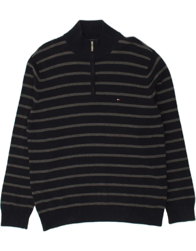 TOMMY HILFIGER Mens Zip Neck Jumper Sweater Large Navy Blue Striped Cotton Cashmere Blend Cotton Blend Poly Blend TOMMY HILFIGER Mens Zip Neck Jumper Sweater Large Navy Blue Striped Cotton Cashmere Blend Cotton Blend Poly Blend